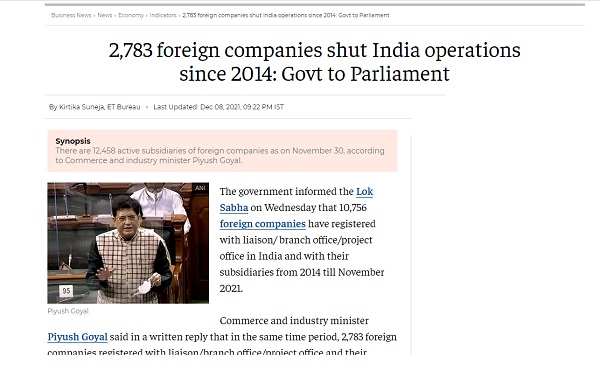 2,783 foreign companies shut India operations since 2014